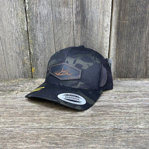 HAND SEWN BLACK ELK SHED LEATHER PATCH HAT - FLEXFIT SNAPBACK Leather Patch Hats Hells Canyon Designs # Black Multi-cam 