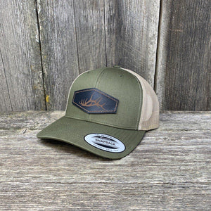 HAND SEWN BLACK ELK SHED LEATHER PATCH HAT - FLEXFIT SNAPBACK Leather Patch Hats Hells Canyon Designs # Moss/Khaki