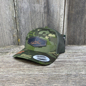 HAND SEWN BLACK ELK SHED LEATHER PATCH HAT - FLEXFIT SNAPBACK Leather Patch Hats Hells Canyon Designs # Tropical Multi-cam 