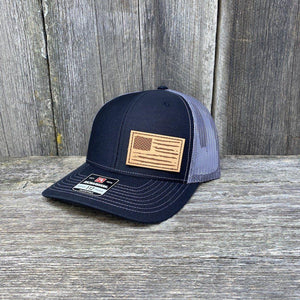 HAND SEWN DISTRESSED FLAG LEATHER PATCH HAT - RICHARDSON 112 Leather Patch Hats Hells Canyon Designs # Black/Charcoal 
