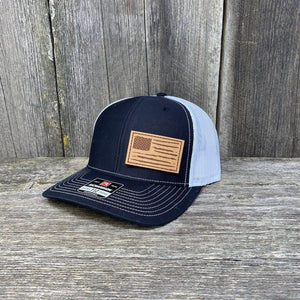 HAND SEWN DISTRESSED FLAG LEATHER PATCH HAT - RICHARDSON 112 Leather Patch Hats Hells Canyon Designs # Black/White 