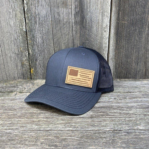 HAND SEWN DISTRESSED FLAG LEATHER PATCH HAT - RICHARDSON 112 Leather Patch Hats Hells Canyon Designs # Charcoal/Black 