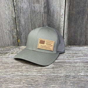 HAND SEWN DISTRESSED FLAG LEATHER PATCH HAT - RICHARDSON 112 Leather Patch Hats Hells Canyon Designs # Loden 