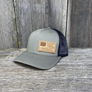 HAND SEWN DISTRESSED FLAG LEATHER PATCH HAT - RICHARDSON 112 Leather Patch Hats Hells Canyon Designs # Loden/Black 