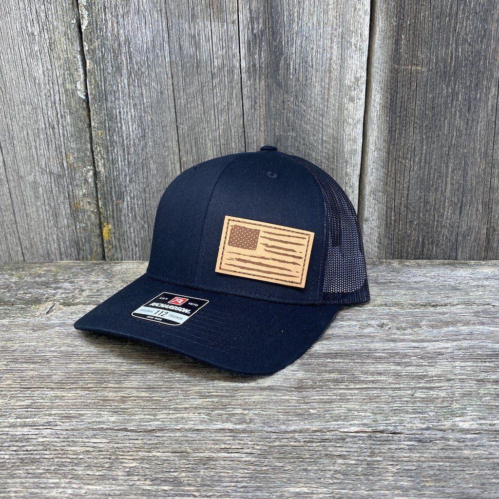 HAND SEWN DISTRESSED FLAG LEATHER PATCH HAT - RICHARDSON 112 Leather Patch Hats Hells Canyon Designs # Heather Grey/Black 