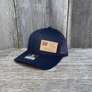 HAND SEWN DISTRESSED FLAG LEATHER PATCH HAT - RICHARDSON 112 Leather Patch Hats Hells Canyon Designs # Solid Black 