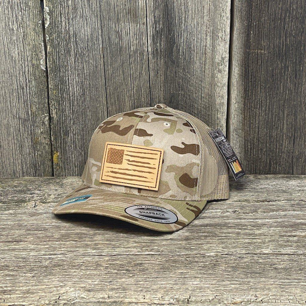 HAND SEWN DISTRESSED NATURAL FLAG LEATHER PATCH HAT - FELXFIT SNAPBACK Leather Patch Hats Hells Canyon Designs # BDU/Black 
