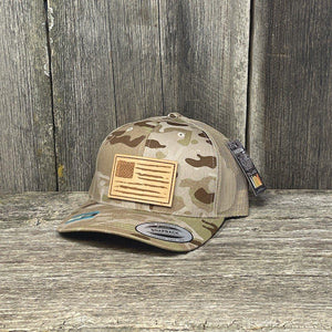 HAND SEWN DISTRESSED NATURAL FLAG LEATHER PATCH HAT - FELXFIT SNAPBACK Leather Patch Hats Hells Canyon Designs # Arid/Tan Multicam 