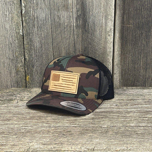 HAND SEWN DISTRESSED NATURAL FLAG LEATHER PATCH HAT - FELXFIT SNAPBACK Leather Patch Hats Hells Canyon Designs # BDU/Black 