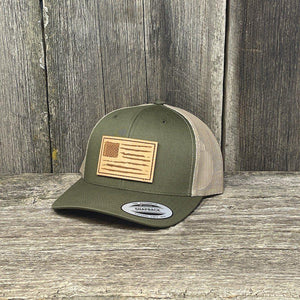 HAND SEWN DISTRESSED NATURAL FLAG LEATHER PATCH HAT - FELXFIT SNAPBACK Leather Patch Hats Hells Canyon Designs # Moss/Khaki 
