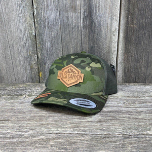 HELLS CANYON LEATHER PATCH HAT - FLEXFIT Leather Patch Hats Hells Canyon Designs # Tropical Multicam 