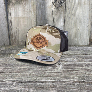 Hells Canyon Patch Hat Yupoong Leather Patch Hats Hells Canyon Designs # Arid Tan/Brown Multi-cam