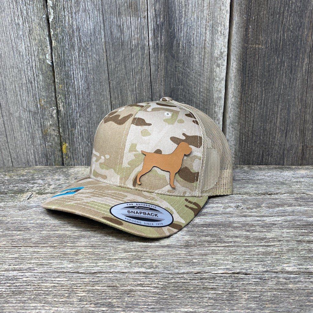 HUNTING DOG CHESTNUT LEATHER PATCH HAT - FLEXFIT SNAPBACK Leather Patch Hats Hells Canyon Designs Black Multicam 