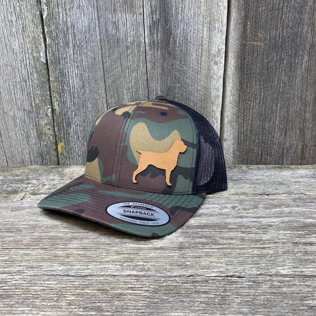 HUNTING DOG CHESTNUT LEATHER PATCH HAT - FLEXFIT SNAPBACK Leather Patch Hats Hells Canyon Designs BDU/Black 