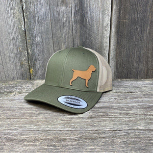 HUNTING DOG CHESTNUT LEATHER PATCH HAT - FLEXFIT SNAPBACK Leather Patch Hats Hells Canyon Designs Loden/Tan 