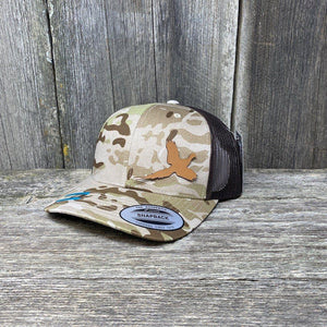 PHEASANT HUNTERS CHESTNUT LEATHER PATCH HAT - FLEXFIT SNAPBACK Leather Patch Hats Hells Canyon Designs Arid/Brown Multicam 