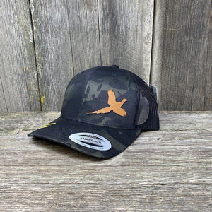 PHEASANT HUNTERS CHESTNUT LEATHER PATCH HAT - FLEXFIT SNAPBACK Leather Patch Hats Hells Canyon Designs Black Multicam 