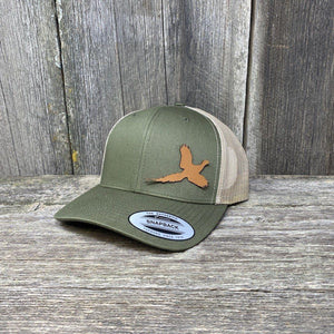 PHEASANT HUNTERS CHESTNUT LEATHER PATCH HAT - FLEXFIT SNAPBACK Leather Patch Hats Hells Canyon Designs Loden/Tan 
