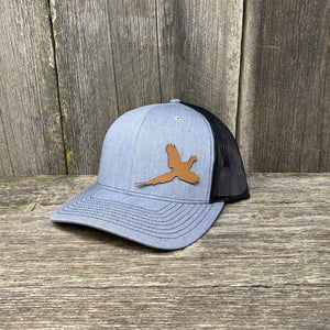 PHEASANT HUNTERS CHESTNUT LEATHER PATCH HAT - RICHARDSON 112 Leather Patch Hats Hells Canyon Designs # Heather Grey/Black 