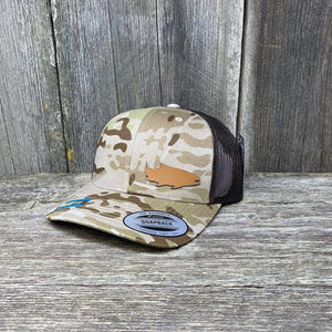 SALMON FISHING CHESTNUT LEATHER PATCH HAT - FLEXFIT SNAPBACK Leather Patch Hats Hells Canyon Designs Arid/Brown Multicam 