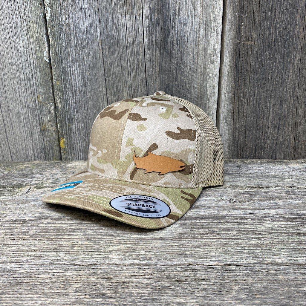 SALMON FISHING CHESTNUT LEATHER PATCH HAT - FLEXFIT SNAPBACK Leather Patch Hats Hells Canyon Designs BDU/Black 