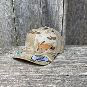 SALMON FISHING CHESTNUT LEATHER PATCH HAT - FLEXFIT SNAPBACK Leather Patch Hats Hells Canyon Designs Arid/Tan Multicam 