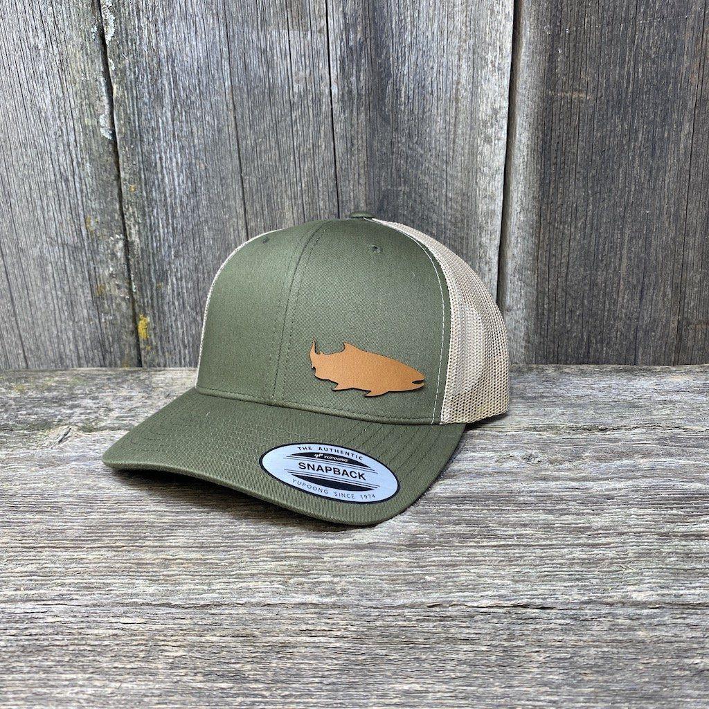 Salmon Fishing Chestnut Leather Patch Hat - Flexfit Snapback | Hells Canyon Designs Loden/Tan