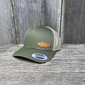 SALMON FISHING CHESTNUT LEATHER PATCH HAT - FLEXFIT SNAPBACK Leather Patch Hats Hells Canyon Designs Loden/Tan 