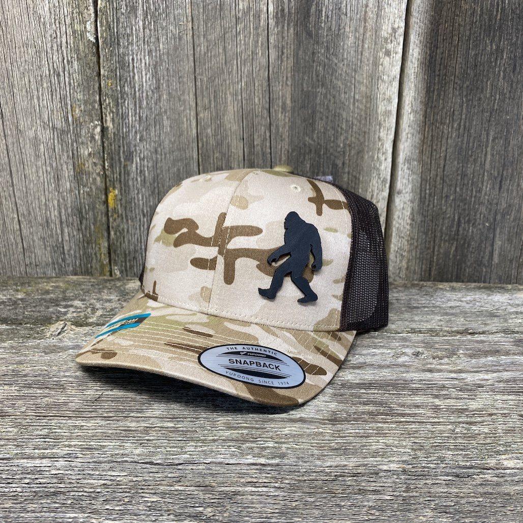 SASQUATCH BLACK LEATHER PATCH HAT - SNAPBACK Leather Patch Hats Hells Canyon Designs # Arid/Tan Multi-cam 