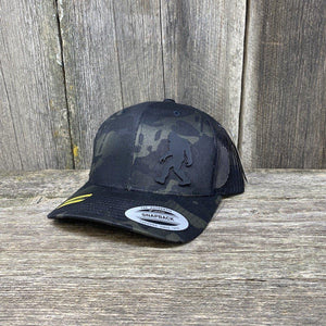 SASQUATCH BLACK LEATHER PATCH HAT - SNAPBACK Leather Patch Hats Hells Canyon Designs # Black Multi-cam 