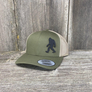 SASQUATCH BLACK LEATHER PATCH HAT - SNAPBACK Leather Patch Hats Hells Canyon Designs # Moss/Khaki