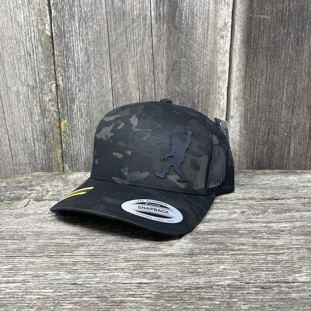 SASQUATCH BLACK LEATHER PEACE PATCH - FLEXFIT SNAPBACK Leather Patch Hats Hells Canyon Designs #Black Multi-cam 