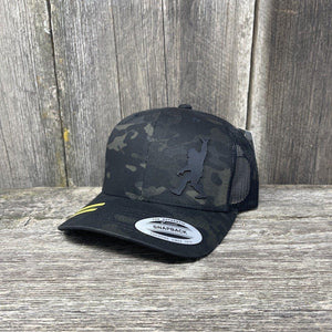 SASQUATCH BLACK LEATHER SHAKA PATCH - FLEXFIT-SNAPBACK Leather Patch Hats Hells Canyon Designs # Black Multi-cam 