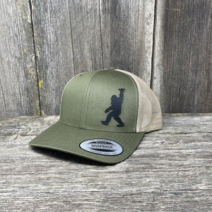 SASQUATCH BLACK LEATHER SHAKA PATCH - FLEXFIT-SNAPBACK Leather Patch Hats Hells Canyon Designs # Moss/Khaki