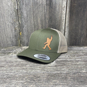 SASQUATCH CHESTNUT LEATHER PEACE PATCH - FLEXFIT-SNAPBACK Leather Patch Hats Hells Canyon Designs # Moss/Khaki