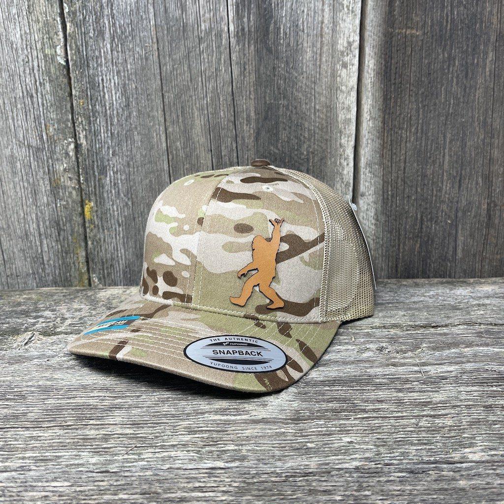 SASQUATCH CHESTNUT LEATHER SHAKA PATCH - FLEXFIT-SNAPBACK Leather Patch Hats Hells Canyon Designs # Moss/Khaki