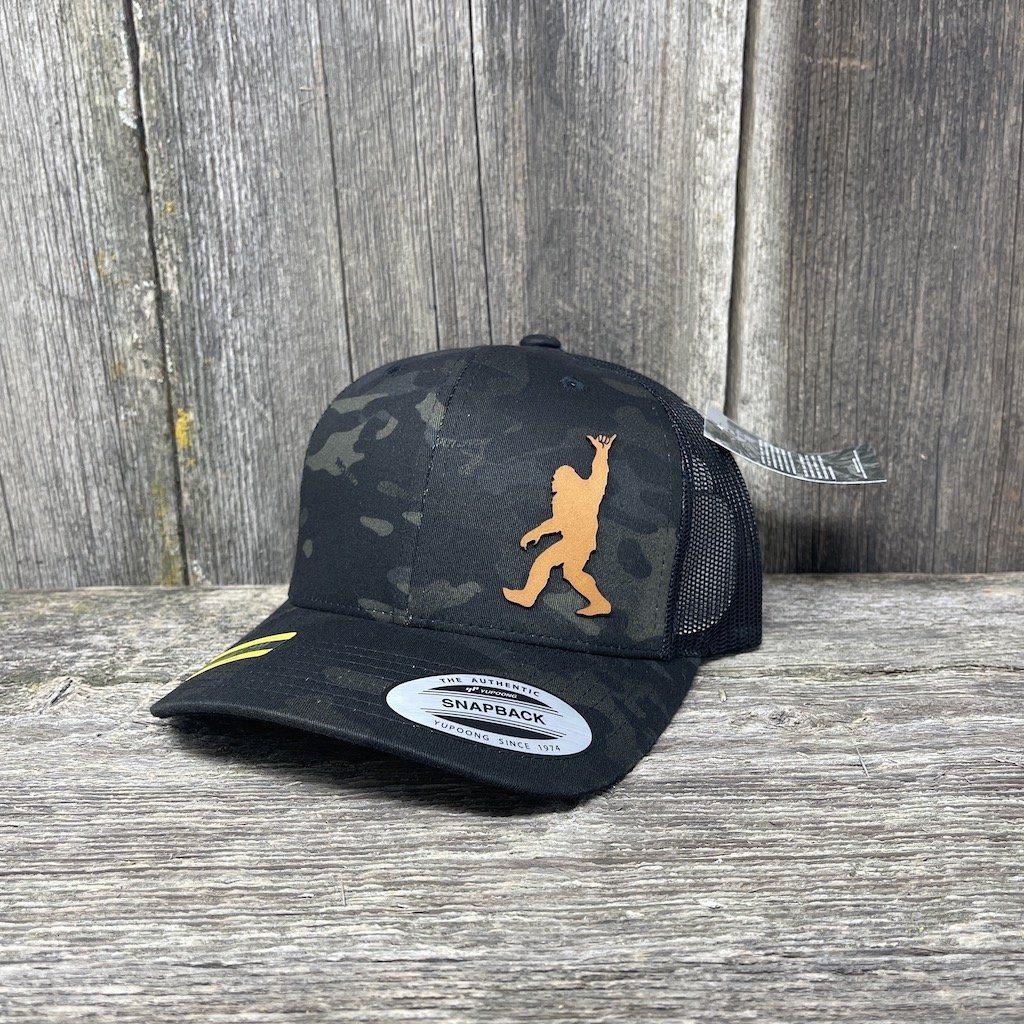 SASQUATCH CHESTNUT LEATHER SHAKA PATCH - FLEXFIT-SNAPBACK Leather Patch Hats Hells Canyon Designs #Black Multi-cam 