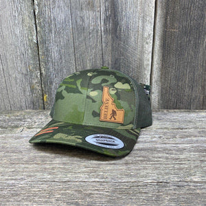 SASQUATCH IDAHO LEATHER PATCH HAT FLEXFIT Leather Patch Hats Hells Canyon Designs # Tropical Multi-cam 