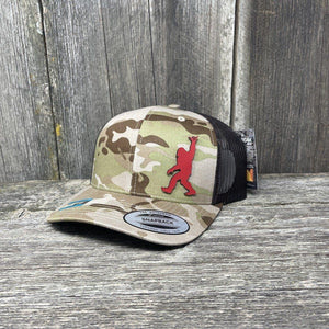 SASQUATCH RED LEATHER SHAKA PATCH - FLEXFIT-SNAPBACK Leather Patch Hats Hells Canyon Designs Arid/Brown Multicam 