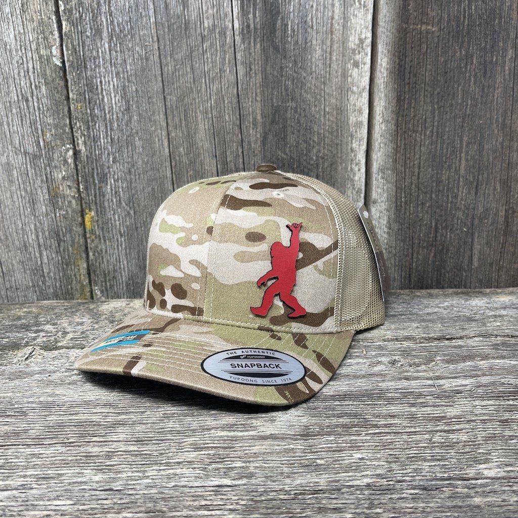 SASQUATCH RED LEATHER SHAKA PATCH - FLEXFIT-SNAPBACK Leather Patch Hats Hells Canyon Designs Tropical Multicam 