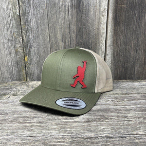SASQUATCH RED LEATHER SHAKA PATCH - FLEXFIT-SNAPBACK Leather Patch Hats Hells Canyon Designs Loden/Tan 