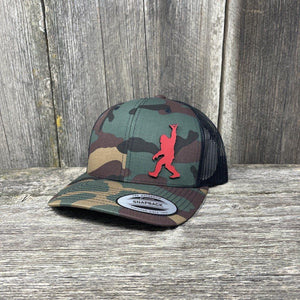 SASQUATCH RED LEATHER SHAKA PATCH - FLEXFIT-SNAPBACK Leather Patch Hats Hells Canyon Designs Tropical Multicam 