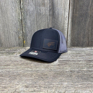 STEELHEAD FLY BLACK LEATHER PATCH HAT - RICHARDSON 112 Leather Patch Hats Hells Canyon Designs Black/Charcoal 