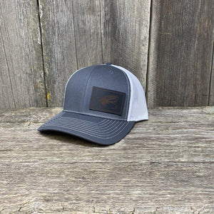STEELHEAD FLY BLACK LEATHER PATCH HAT - RICHARDSON 112 Leather Patch Hats Hells Canyon Designs Charcoal/White 