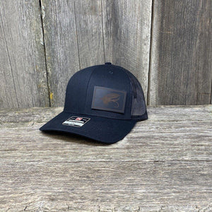 STEELHEAD FLY BLACK LEATHER PATCH HAT - RICHARDSON 112 Leather Patch Hats Hells Canyon Designs Solid Black 