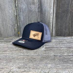 STEELHEAD FLY NATURAL LEATHER PATCH HAT - RICHARDSON 112 Leather Patch Hats Hells Canyon Designs Black/Charcoal 