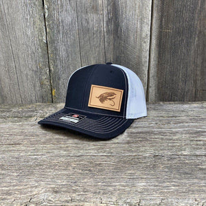 STEELHEAD FLY NATURAL LEATHER PATCH HAT - RICHARDSON 112 Leather Patch Hats Hells Canyon Designs Black/White 