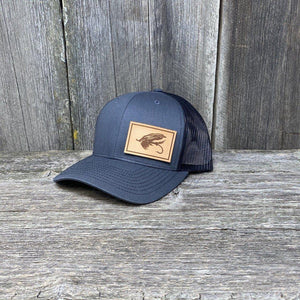 STEELHEAD FLY NATURAL LEATHER PATCH HAT - RICHARDSON 112 Leather Patch Hats Hells Canyon Designs Charcoal/Black 