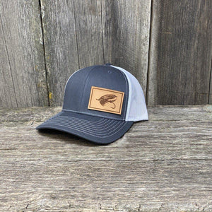 STEELHEAD FLY NATURAL LEATHER PATCH HAT - RICHARDSON 112 Leather Patch Hats Hells Canyon Designs Charcoal/White 