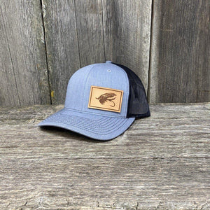 STEELHEAD FLY NATURAL LEATHER PATCH HAT - RICHARDSON 112 Leather Patch Hats Hells Canyon Designs Heather/Black 